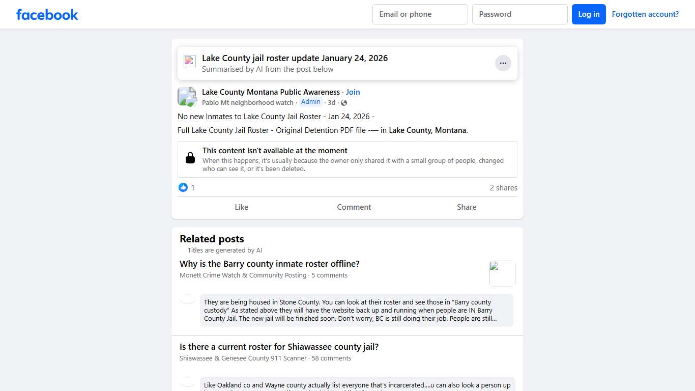 Lake County Montana Public Awareness No new Inmates to Lake County Jail Roster - Jan 24, 2026 - Facebook